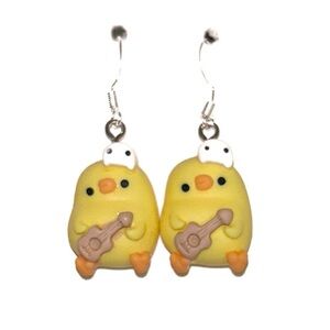 Yellow Chicken Earrings with Guitar Design